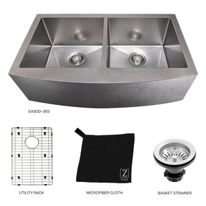 ZLINE 36 in. Niseko Farmhouse Apron Mount Double Bowl Satin Stainless Steel Kitchen Sink with Bottom Grid (SA50D-36S)