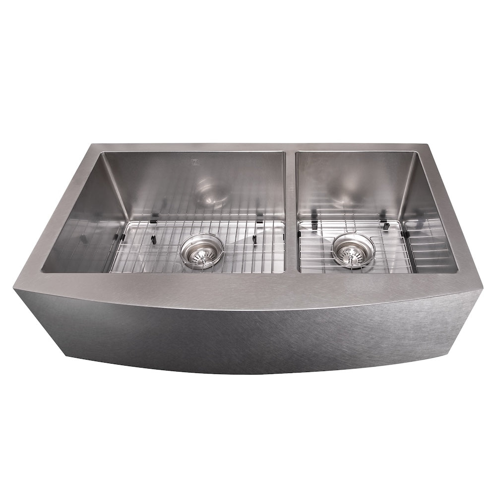 ZLINE 36 in. Courchevel Farmhouse Apron Mount Double Bowl Satin Stainless Steel Kitchen Sink with Bottom Grid (SA60D-36S)