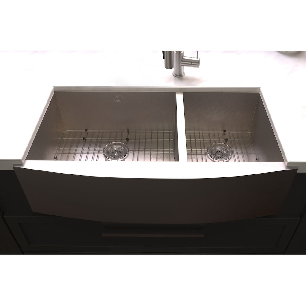 ZLINE 36 in. Courchevel Farmhouse Apron Mount Double Bowl Satin Stainless Steel Kitchen Sink with Bottom Grid (SA60D-36S)