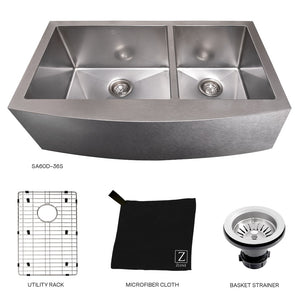ZLINE 36 in. Courchevel Farmhouse Apron Mount Double Bowl Satin Stainless Steel Kitchen Sink with Bottom Grid (SA60D-36S)
