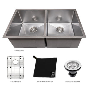 ZLINE 33 in. Anton Undermount Double Bowl Satin Stainless Steel Kitchen Sink with Bottom Grid (SR50D-33S)