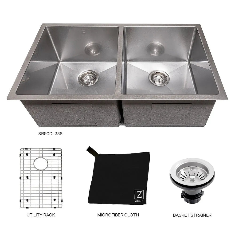ZLINE 33 in. Anton Undermount Double Bowl Satin Stainless Steel Kitchen Sink with Bottom Grid (SR50D-33S) with included accessories.