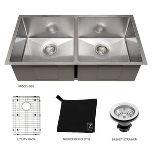 ZLINE 36 in. Anton Undermount Double Bowl Satin Stainless Steel Kitchen Sink with Bottom Grid (SR50D-36S)