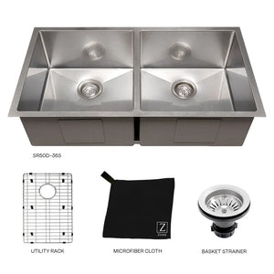 ZLINE 36 in. Anton Undermount Double Bowl Satin Stainless Steel Kitchen Sink with Bottom Grid (SR50D-36S) with included accessories.