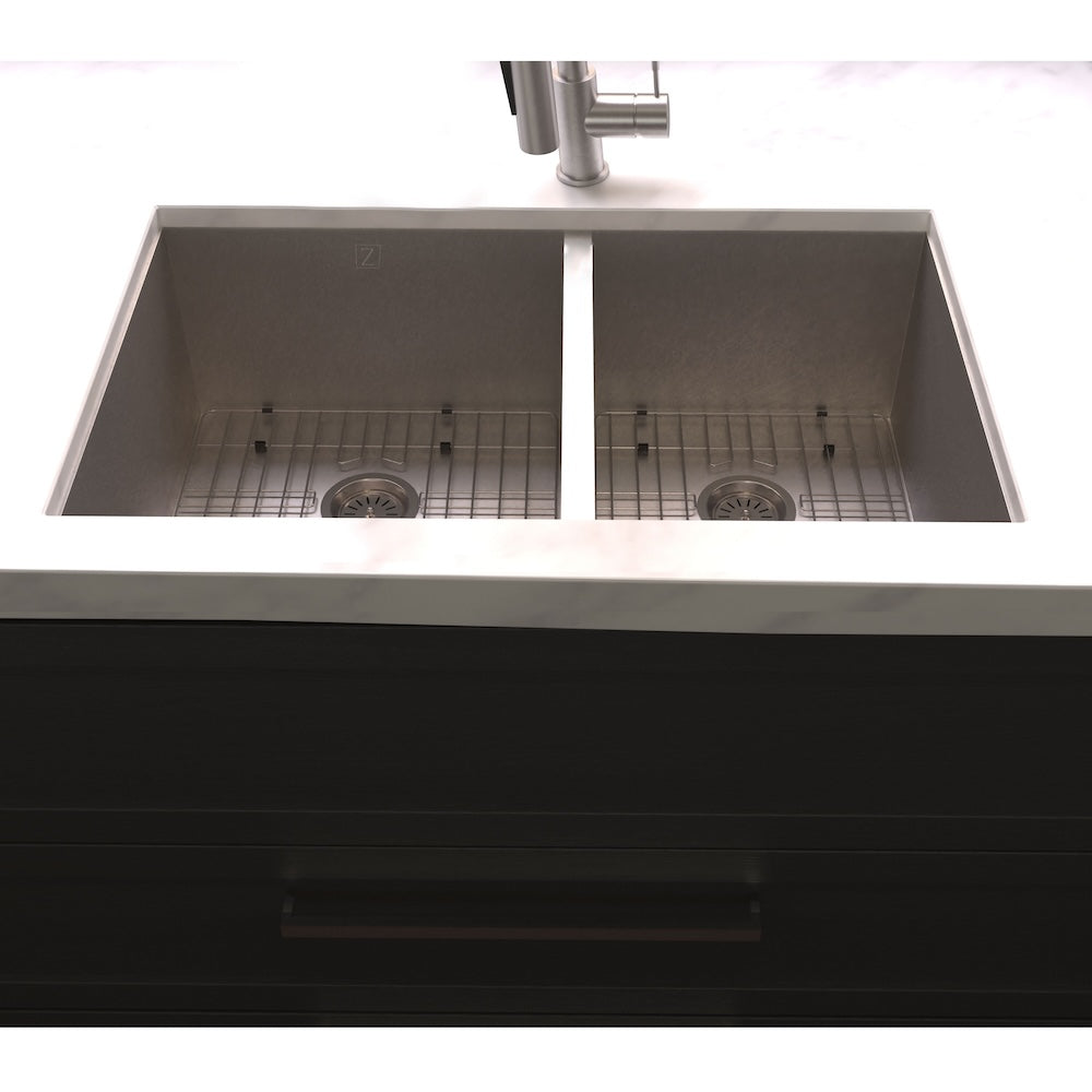 ZLINE 33 in. Chamonix Undermount Double Bowl Satin Stainless Steel Kitchen Sink with Bottom Grid (SR60D-33S)