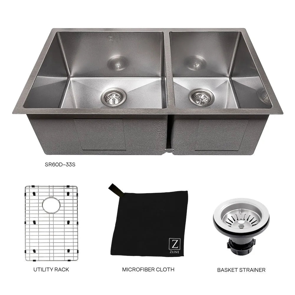 ZLINE 33 in. Chamonix Undermount Double Bowl Satin Stainless Steel Kitchen Sink with Bottom Grid (SR60D-33S) with included accessories.