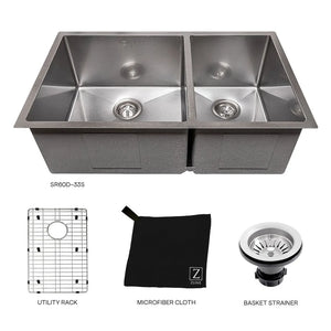 ZLINE 33 in. Chamonix Undermount Double Bowl Satin Stainless Steel Kitchen Sink with Bottom Grid (SR60D-33S) with included accessories.