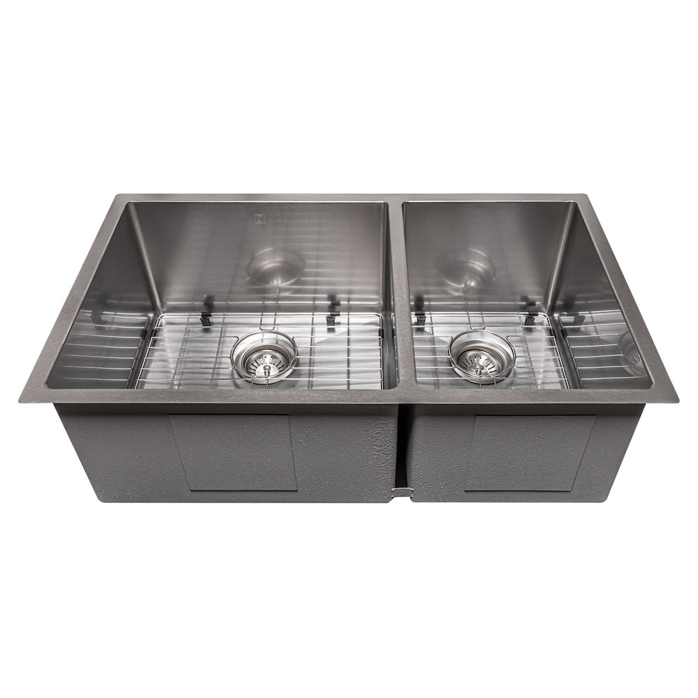 ZLINE 33 in. Chamonix Undermount Double Bowl Satin Stainless Steel Kitchen Sink with Bottom Grid (SR60D-33S)