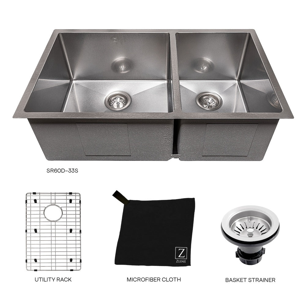 ZLINE 36 in. Chamonix Undermount Double Bowl Satin Stainless Steel Kitchen Sink with Bottom Grid (SR60D-36S)