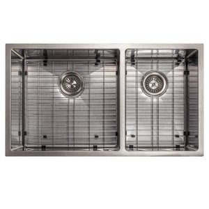 ZLINE 36 in. Chamonix Undermount Double Bowl Satin Stainless Steel Kitchen Sink with Bottom Grid (SR60D-36S) top-down, with bottom grid.