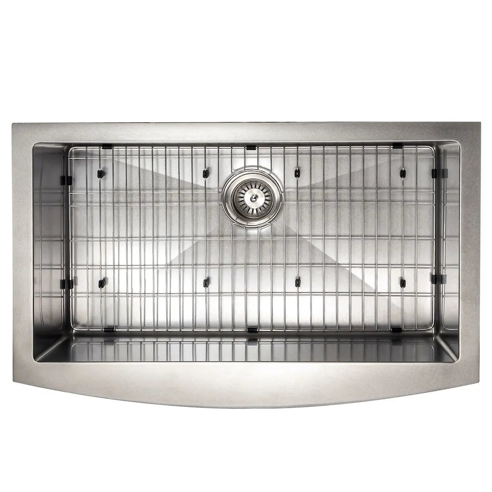 ZLINE 33 in. Vail Farmhouse Apron Mount Single Bowl Satin Stainless Steel Kitchen Sink with Bottom Grid (SAS-33S) top-down, with bottom grid.