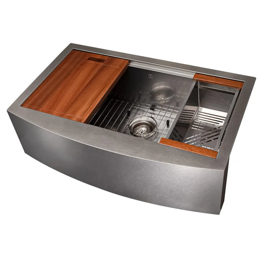 ZLINE 33 in. Moritz Farmhouse Apron Mount Single Bowl Satin Stainless Steel Kitchen Sink with Bottom Grid and Accessories (SLSAP-33S) main image.