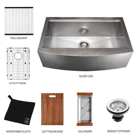 ZLINE 33 in. Moritz Farmhouse Apron Mount Single Bowl Satin Stainless Steel Kitchen Sink with Bottom Grid and Accessories (SLSAP-33S) with accessories. 