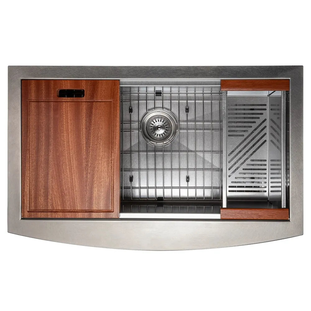ZLINE 33 in. Moritz Farmhouse Apron Mount Single Bowl Satin Stainless Steel Kitchen Sink with Bottom Grid and Accessories (SLSAP-33S) top-down.