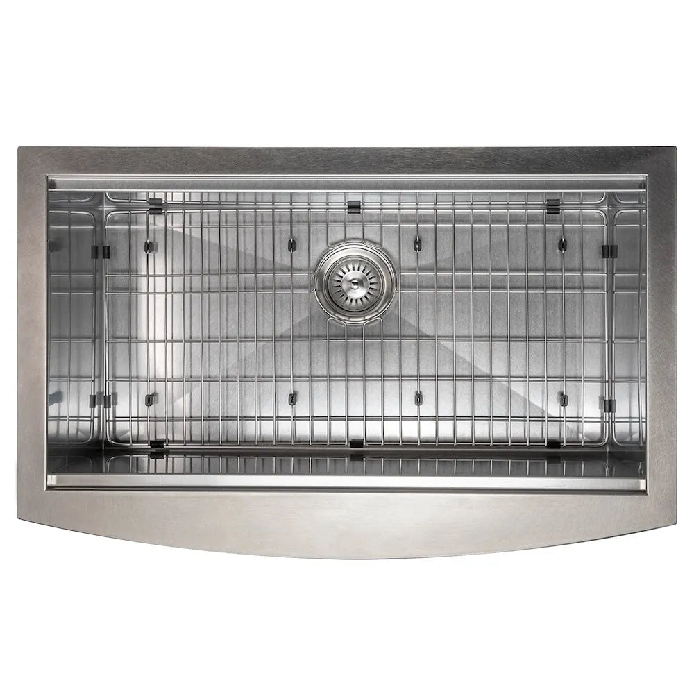 ZLINE 33 in. Moritz Farmhouse Apron Mount Single Bowl Satin Stainless Steel Kitchen Sink with Bottom Grid and Accessories (SLSAP-33S) top-down, with bottom grid.
