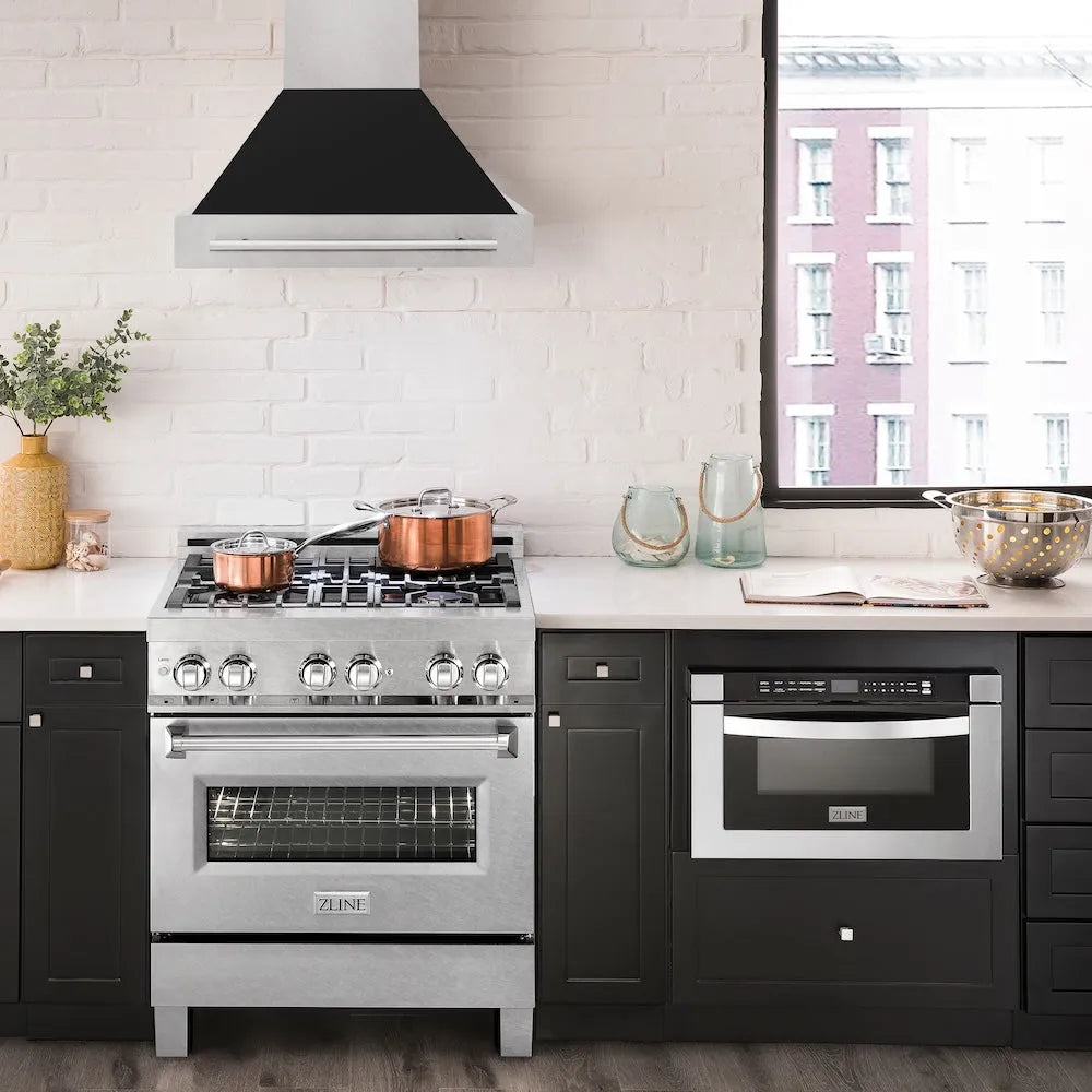 ZLINE 30 in. Satin Stainless Steel Wall Mount Range Hood with Black Matte Shell and Stainless Steel Handle (8654SNX-BLM-30) in a luxury kitchen.