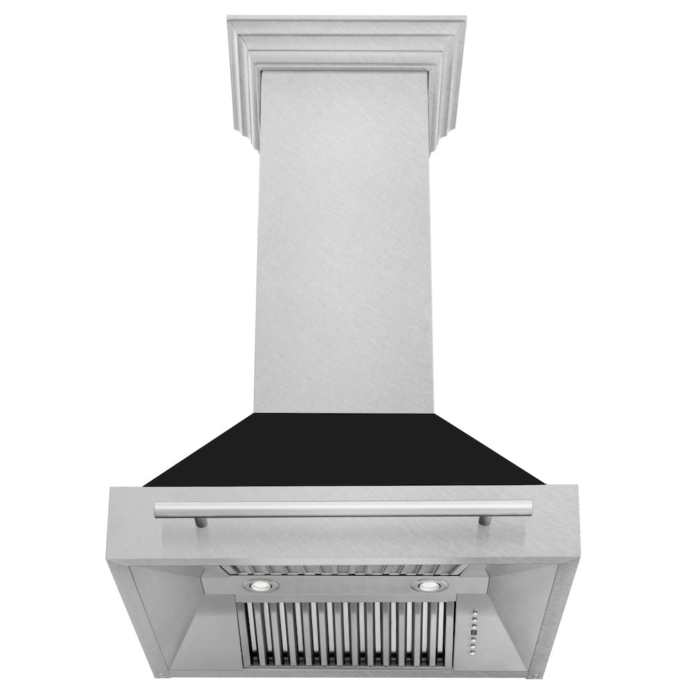 ZLINE 30 in. Satin Stainless Steel Wall Mount Range Hood with Black Matte Shell and Stainless Steel Handle (8654SNX-BLM-30) front, under.