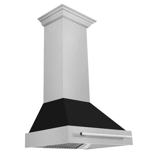 ZLINE 30 in. Satin Stainless Steel Wall Mount Range Hood with Black Matte Shell and Stainless Steel Handle (8654SNX-BLM-30)