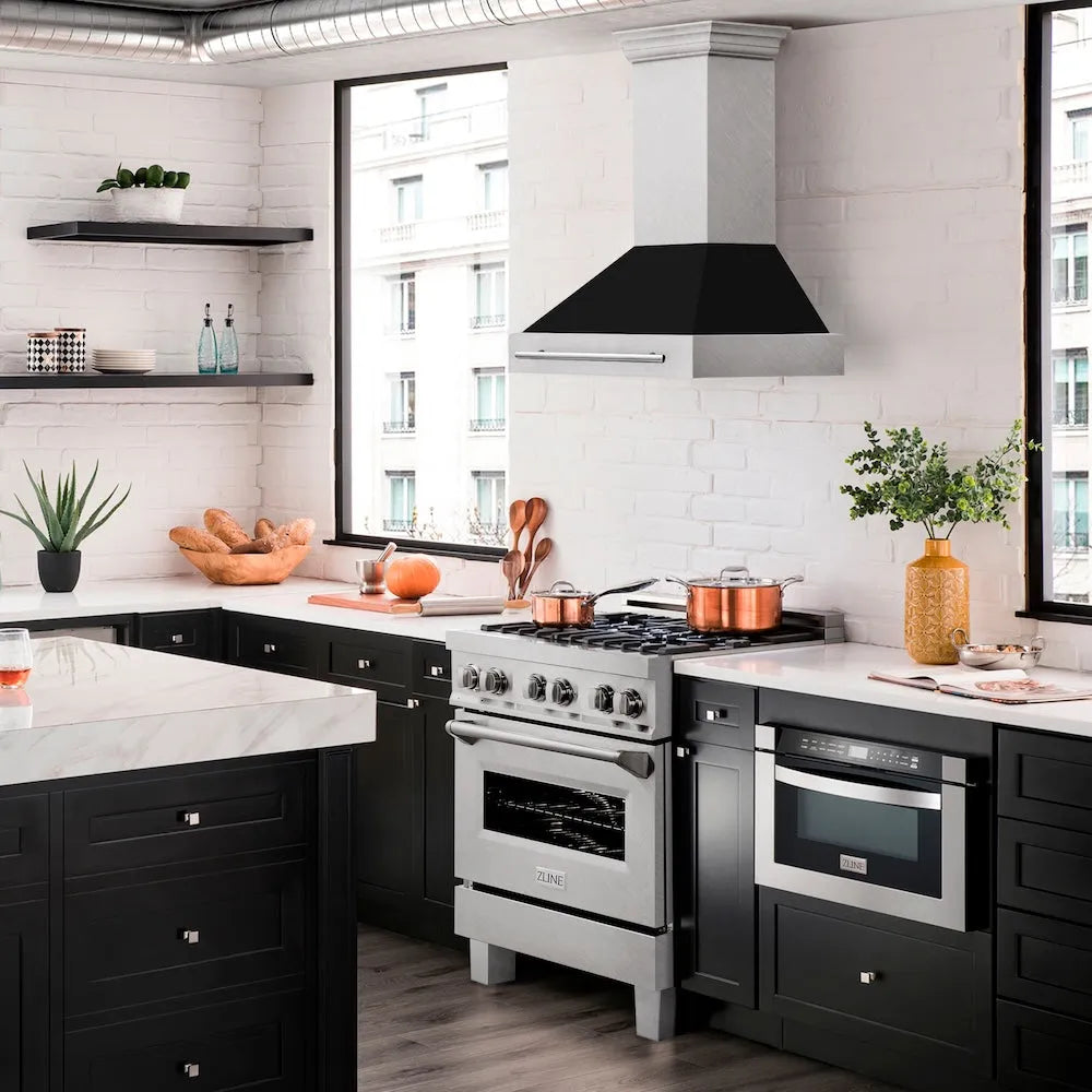 ZLINE 30 in. Satin Stainless Steel Wall Mount Range Hood with Black Matte Shell and Stainless Steel Handle (8654SNX-BLM-30) in a luxury kitchen.