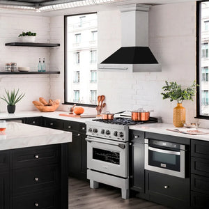 ZLINE 30 in. Satin Stainless Steel Wall Mount Range Hood with Black Matte Shell and Stainless Steel Handle (8654SNX-BLM-30) in a luxury kitchen.