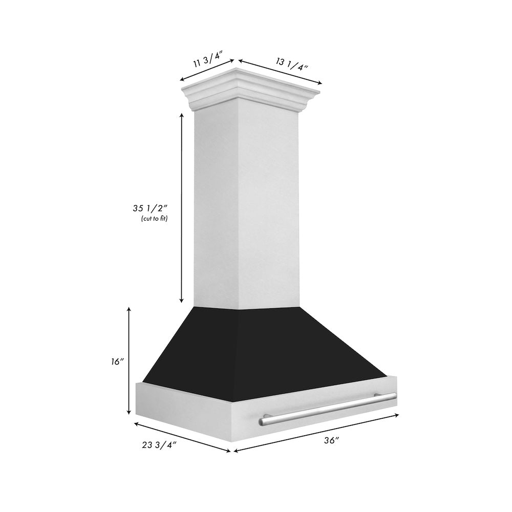 ZLINE 36 in. Satin Stainless Steel Wall Mount Range Hood with Black Matte Shell and Stainless Steel Handle (8654SNX-BLM-36) dimensional diagram.