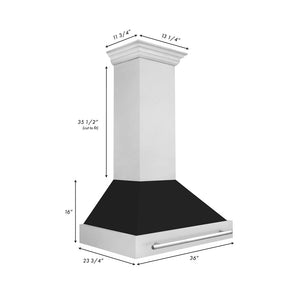 ZLINE 36 in. Satin Stainless Steel Wall Mount Range Hood with Black Matte Shell and Stainless Steel Handle (8654SNX-BLM-36) dimensional diagram.