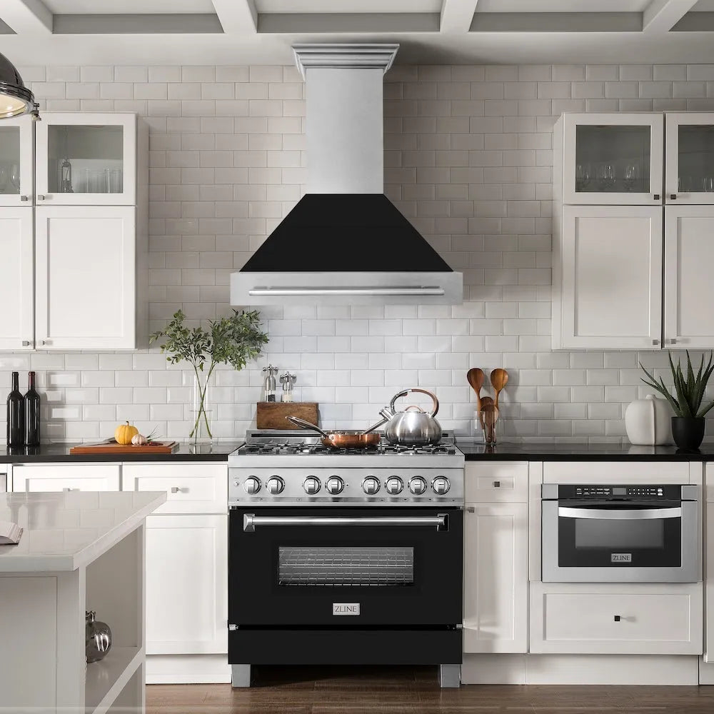 ZLINE 36 in. Satin Stainless Steel Wall Mount Range Hood with Black Matte Shell and Stainless Steel Handle (8654SNX-BLM-36) in a luxury kitchen.