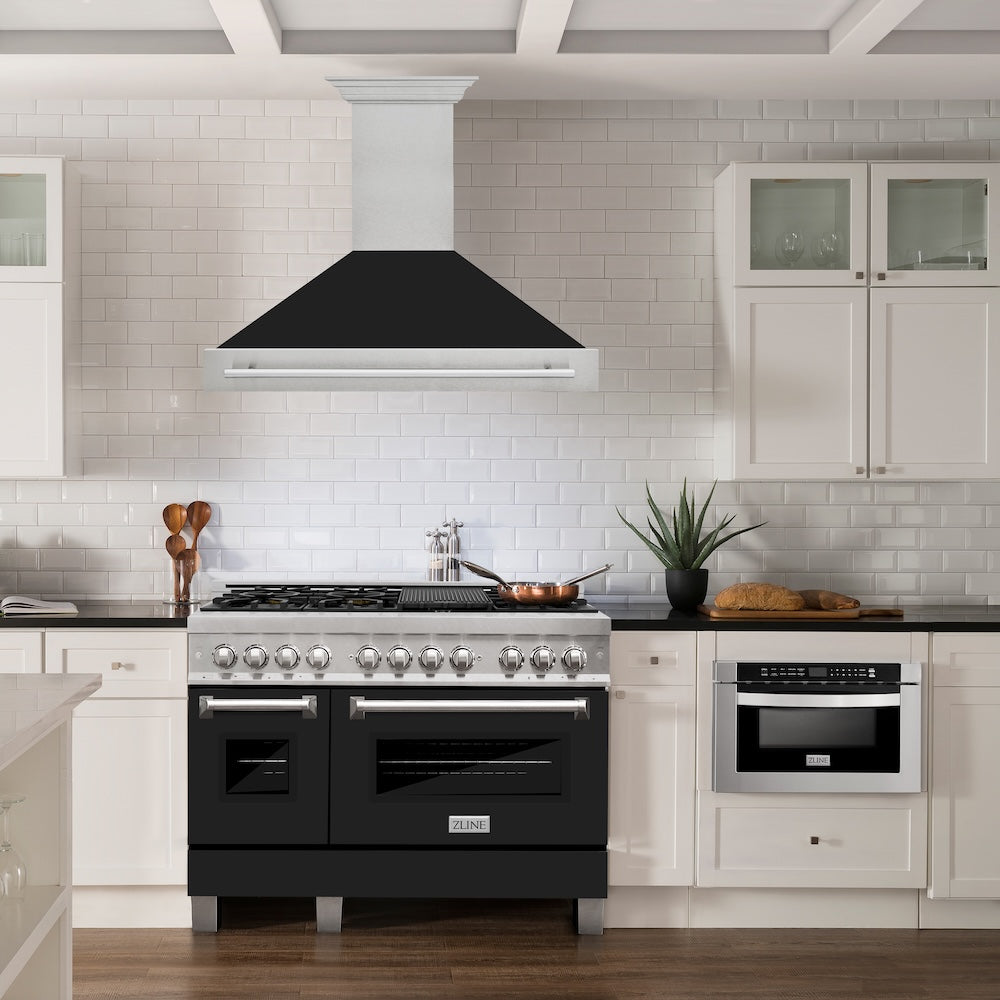 ZLINE 48 in. Satin Stainless Steel Wall Mount Range Hood with Black Matte Shell and Stainless Steel Handle (8654SNX-BLM-48) in a luxury kitchen.