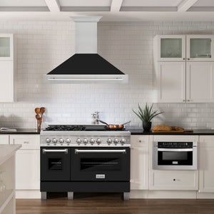 ZLINE 48 in. Satin Stainless Steel Wall Mount Range Hood with Black Matte Shell and Stainless Steel Handle (8654SNX-BLM-48) in a luxury kitchen.