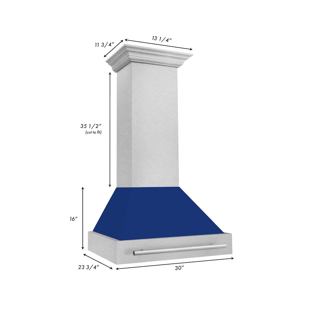 ZLINE 30 in. Satin Stainless Steel Wall Mount Range Hood with Blue Gloss Shell and Stainless Steel Handle (8654SNX-BG30) dimensional diagram.