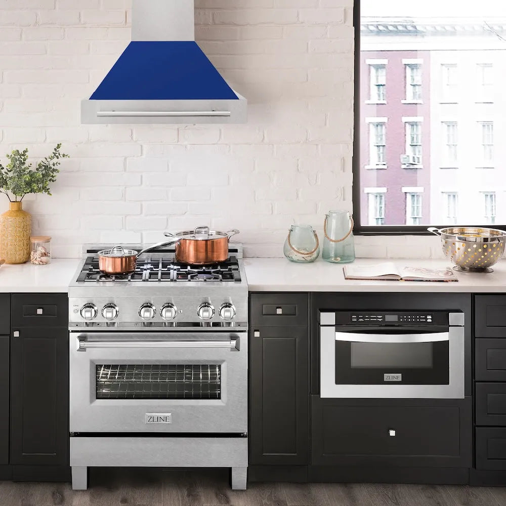 ZLINE 30 in. Satin Stainless Steel Wall Mount Range Hood with Blue Gloss Shell and Stainless Steel Handle (8654SNX-BG30) in a luxury kitchen.