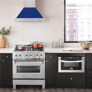 ZLINE 30 in. Satin Stainless Steel Wall Mount Range Hood with Blue Gloss Shell and Stainless Steel Handle (8654SNX-BG30) in a luxury kitchen.