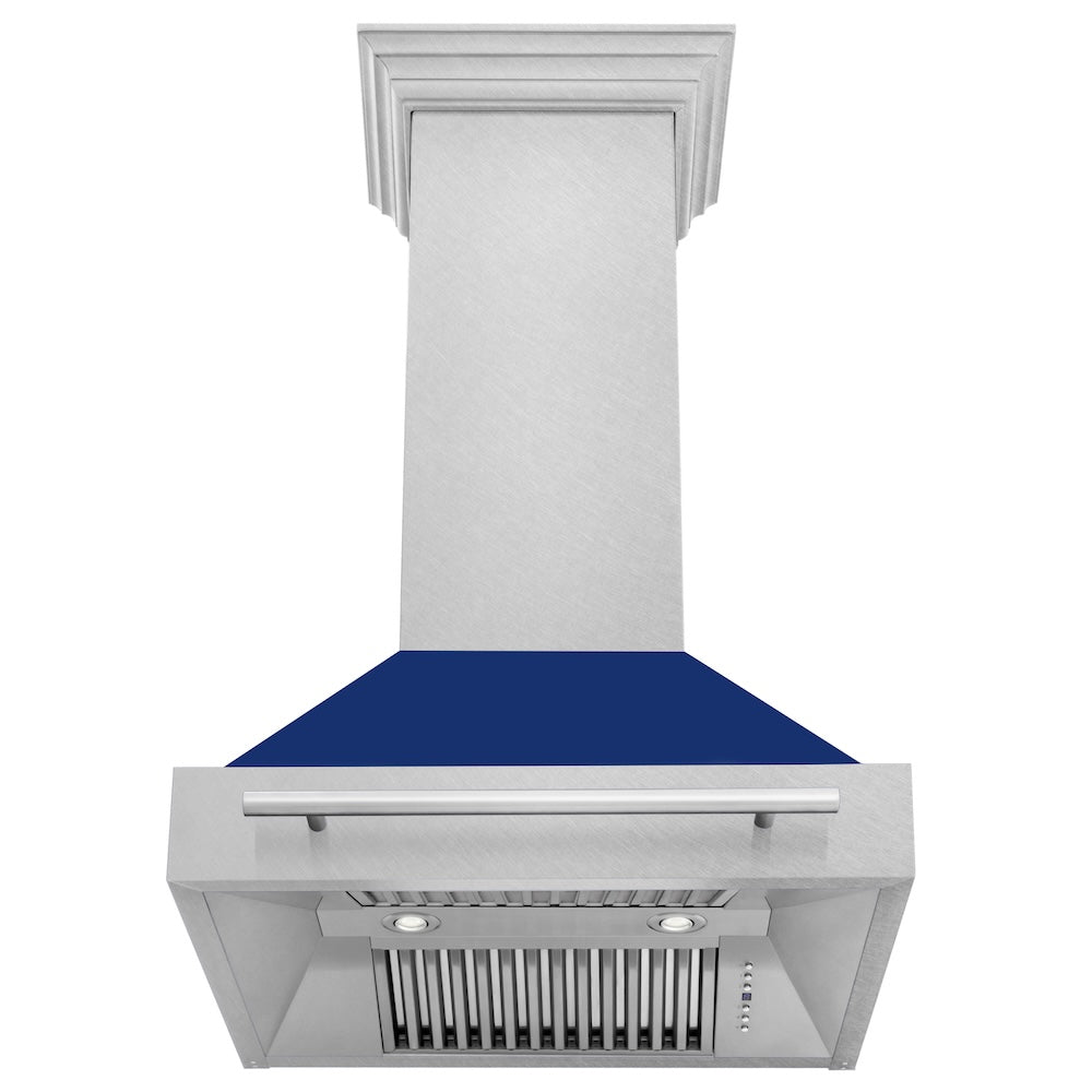 ZLINE 30 in. Satin Stainless Steel Wall Mount Range Hood with Blue Gloss Shell and Stainless Steel Handle (8654SNX-BG30) front, under.