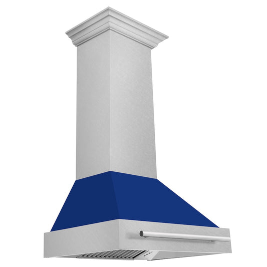 ZLINE 30 in. Satin Stainless Steel Wall Mount Range Hood with Blue Gloss Shell and Stainless Steel Handle (8654SNX-BG30)