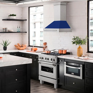ZLINE 30 in. Satin Stainless Steel Wall Mount Range Hood with Blue Gloss Shell and Stainless Steel Handle (8654SNX-BG30) in a luxury kitchen.