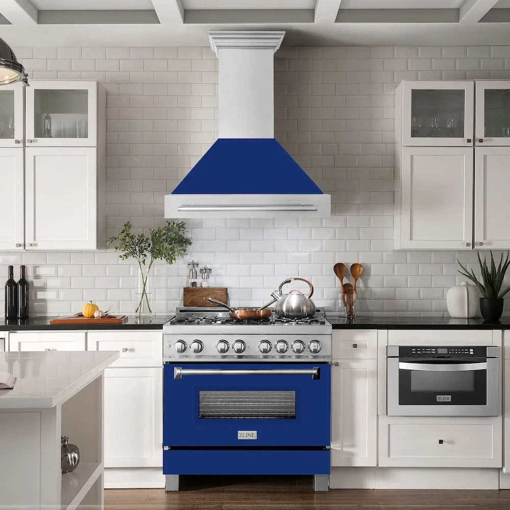 Farmhouse kitchen with a ZLINE 36 in. Satin Stainless Steel Wall Mount Range Hood with Blue Gloss Shell and Stainless Steel Handle (8654SNX-BG36).