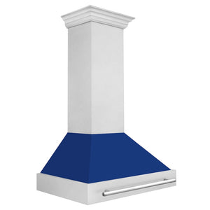 ZLINE 36 in. Satin Stainless Steel Wall Mount Range Hood with Blue Gloss Shell and Stainless Steel Handle (8654SNX-BG36) side.