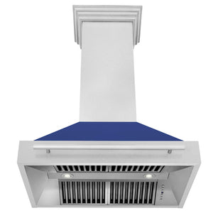 ZLINE 36 in. Satin Stainless Steel Wall Mount Range Hood with Blue Matte Shell and Stainless Steel Handle (8654SNX-BM-36) front, under.