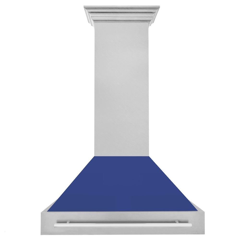 ZLINE 36 in. Satin Stainless Steel Wall Mount Range Hood with Blue Matte Shell and Stainless Steel Handle (8654SNX-BM-36) front.