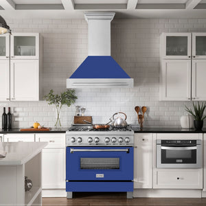 ZLINE 36 in. Satin Stainless Steel Wall Mount Range Hood with Blue Matte Shell and Stainless Steel Handle (8654SNX-BM-36) in a luxury kitchen.