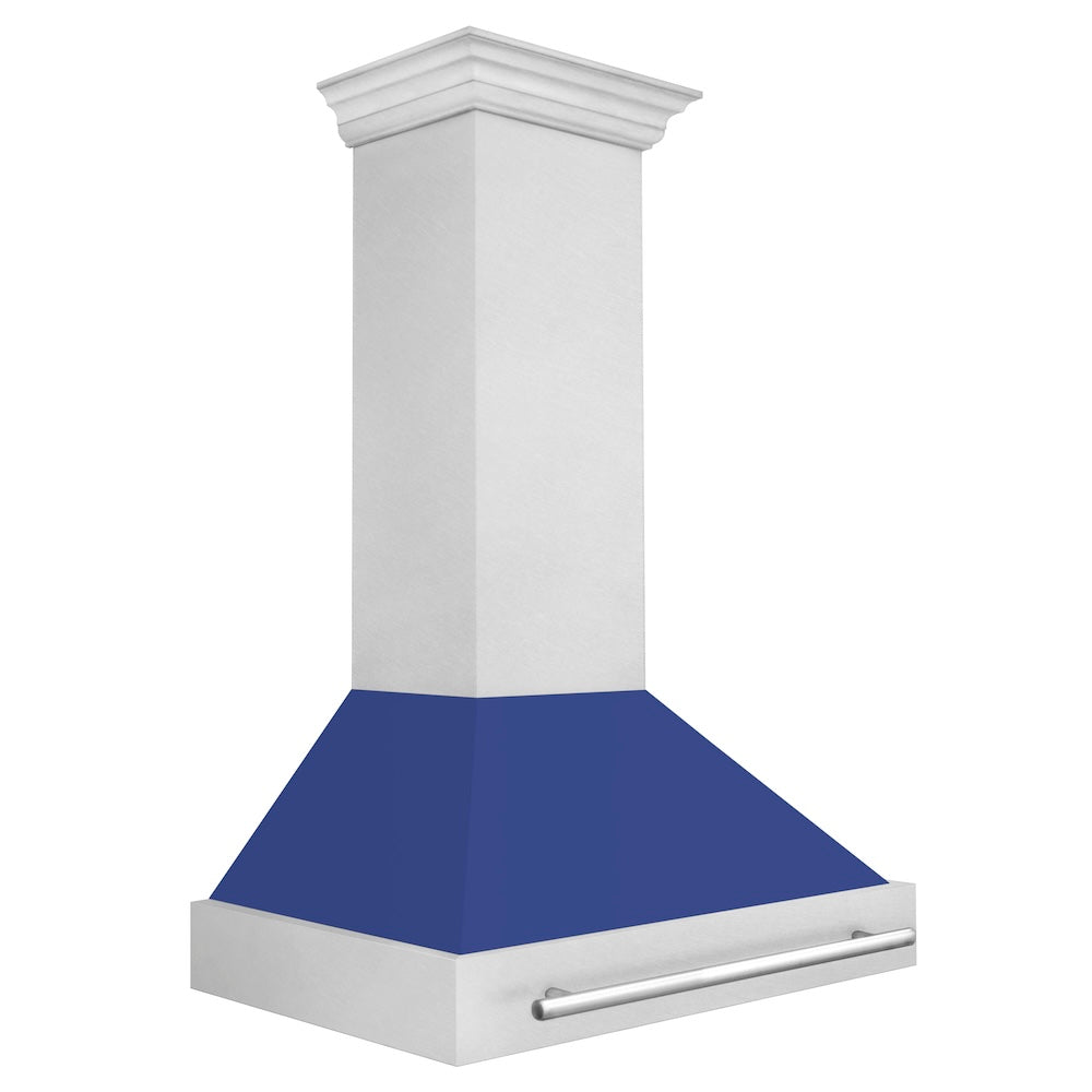 ZLINE 36 in. Satin Stainless Steel Wall Mount Range Hood with Blue Matte Shell and Stainless Steel Handle (8654SNX-BM-36) side.