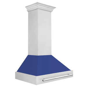 ZLINE 36 in. Satin Stainless Steel Wall Mount Range Hood with Blue Matte Shell and Stainless Steel Handle (8654SNX-BM-36) side.