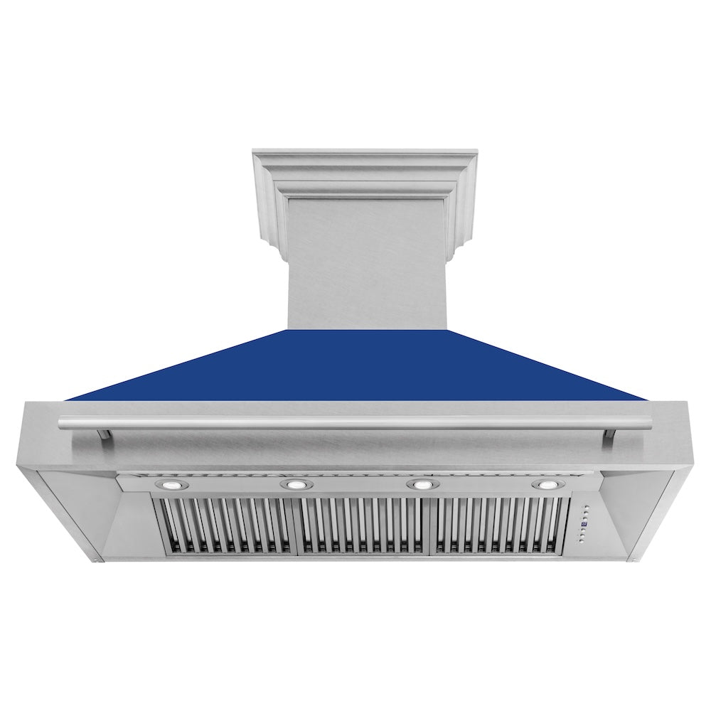 ZLINE 48 in. Satin Stainless Steel Wall Mount Range Hood with Blue Matte Shell and Stainless Steel Handle (8654SNX-BM-48) front, under.