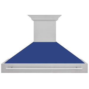 ZLINE 48 in. Satin Stainless Steel Wall Mount Range Hood with Blue Matte Shell and Stainless Steel Handle (8654SNX-BM-48) front.