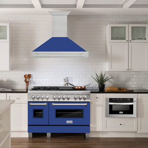 ZLINE 48 in. Satin Stainless Steel Wall Mount Range Hood with Blue Matte Shell and Stainless Steel Handle (8654SNX-BM-48) in a luxury kitchen.