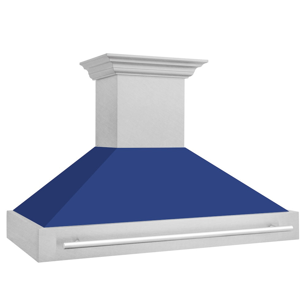 ZLINE 48 in. Satin Stainless Steel Wall Mount Range Hood with Blue Matte Shell and Stainless Steel Handle (8654SNX-BM-48) side.