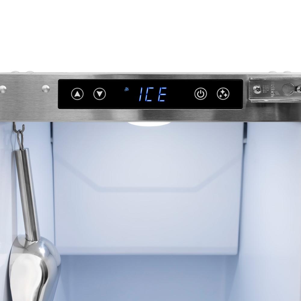 ZLINE 15 in. Touchstone Clear Cube Ice Maker with Drain Pump and Hand Hammered Copper Door (ICCD-HH-15) touch controls and display.