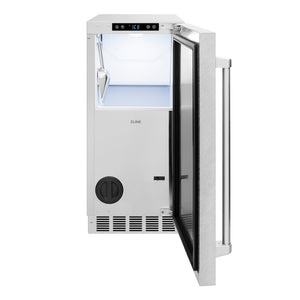 ZLINE 15 in. Touchstone Clear Cube Ice Maker with Drain Pump and Satin Stainless Steel Door (ICCD-SN-15) front, open.