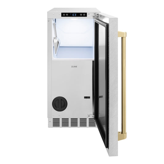 ZLINE Autograph Edition 15 in. Touchstone Clear Cube Ice Maker with Drain Pump and Satin Stainless Steel Door with Champagne Bronze Handle (ICCDZ-SN-15-CB) front, open.