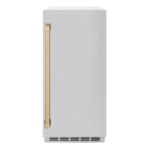 ZLINE Autograph Edition 15 in. Touchstone Clear Cube Ice Maker with Drain Pump and Satin Stainless Steel Door with Champagne Bronze Handle (ICCDZ-SN-15-CB) front.
